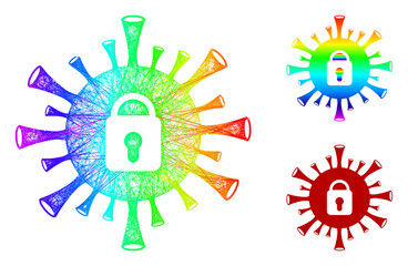 Spectral vibrant net coronavirus lockdown, and solid spectral gradient coronavirus lockdown icon. Hatched frame flat net geometric image based on coronavirus lockdown icon,