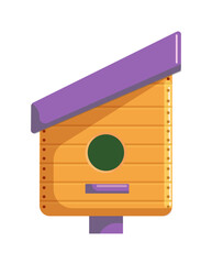 Rustic birdhouse box on pole isolated on white background