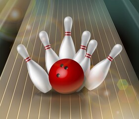 3d realistic vector bowling game background with red ball and white keggels.