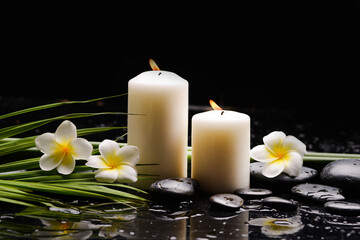 Obraz na płótnie Canvas spa still life of with two white frangipani and green palm and two candle zen black stones ,wet background 