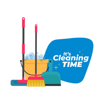 cleaning tools set, yellow bucket, blue background clip art preview
