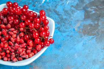 bottom view currants and barberries in white plate on blue background with copy space
