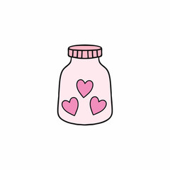 Pink jar with hearts. Love potion in a glass jar. Vector sticker for Valentine's day.