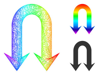 Spectral colorful network double back arrow, and solid spectral gradient double back arrow icon. Hatched carcass 2D network geometric symbol based on double back arrow icon,