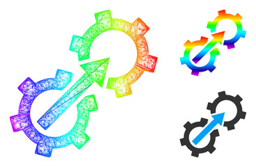 Spectral vibrant net mesh gear integration, and solid spectral gradient gear integration icon. Crossed carcass 2D net abstract image based on gear integration icon, made from crossed lines.