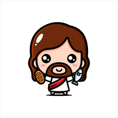 Vector design of cute jesus character holding fish and bread