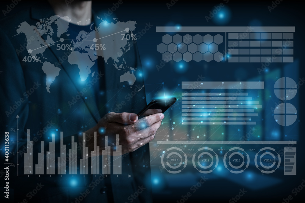 Poster businessman and technology global social media concept background with businessman using mobile anal