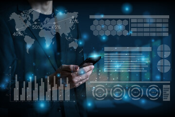 Businessman and technology global social media concept background with businessman using mobile analyzing data and economic with network connection on modern virtual interface.Business strategy.