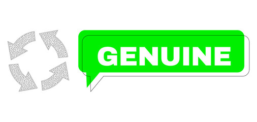 Shifted Genuine green text balloon and circulation mesh structure. Vector flat circulation, created from flat mesh. Green conversation has Genuine caption inside black contour, and color cloud.