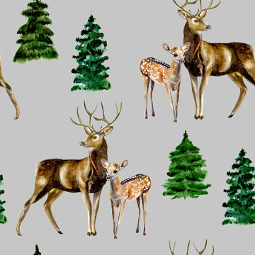 Watercolor hand painted seamless pattern with deer and baby deer, and fir-trees on grey background. Forest pattern is prefect for fabric, wrapping paper or scrapbooking.
