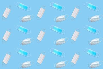 lot of disposable medical masks, pop art style, seamless pattern, concept of individual protection against virus, COVID-19, coronavirus, treatment and vaccination