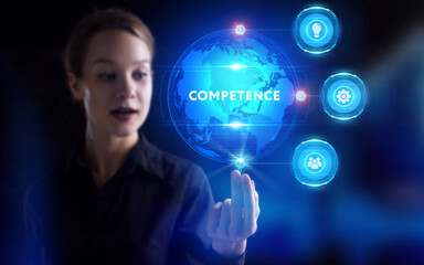 Business, Technology, Internet and network concept. Young businessman working on a virtual screen of the future and sees the inscription: Competence