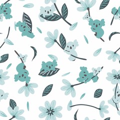 Cute Koala and Floral Vector Background Seamless Pattern © F-lin