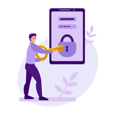 Mobile phone security vector concept. A young man is trying to unlock a mobile phone with a key. Data protection. Strong password and login. Flat style.