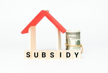 A picture of wooden block with subsidy word, house miniature and fake money insight. Property subsidy is one of the method to boost real estate  purchase during covid-19 pandemic.