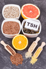 Products and ingredients as source vitamins and minerals. Beneficial eating for thyroid gland