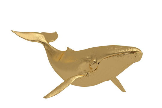 Golden blue whale  Isolated On White Background, 3D rendering. 3D illustration.