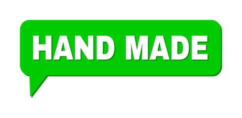 Speech HAND MADE Colored Bubble Message. HAND MADE text is located inside colored bubble with shadow. Vector quote caption inside message frame.