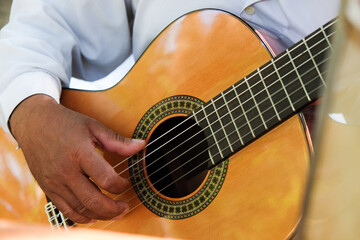 Close up image of Man playing an acoustic guitar 