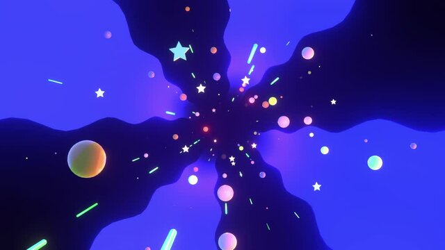 Looped 3D cartoon abstract flowing wavy galaxy animation.