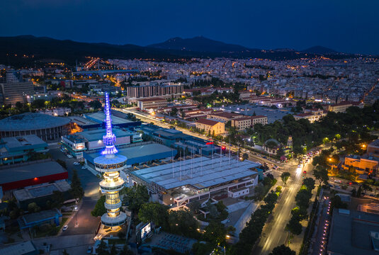 Thessaloniki at sunset cityscape, Tower of OTE and the international exhibition of Thessaloniki, Greece..