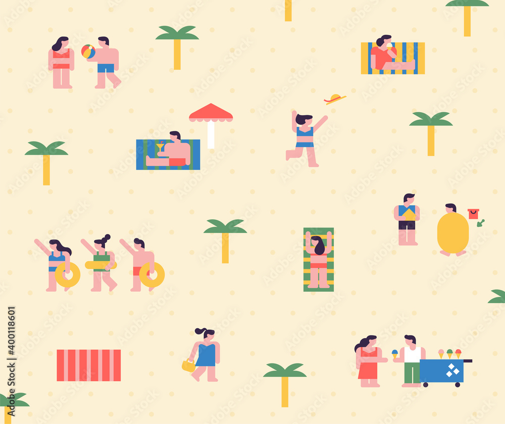 Poster people on the beach are enjoying vacation. simple characters are arranged like a pattern on the beac