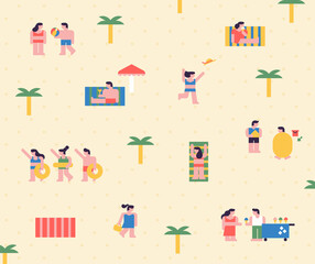 People on the beach are enjoying vacation. Simple characters are arranged like a pattern on the beach background. flat design style minimal vector illustration.
