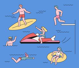 People who enjoy playing in the water at the beach. People surfing and diving with jet skis. flat design style minimal vector illustration.