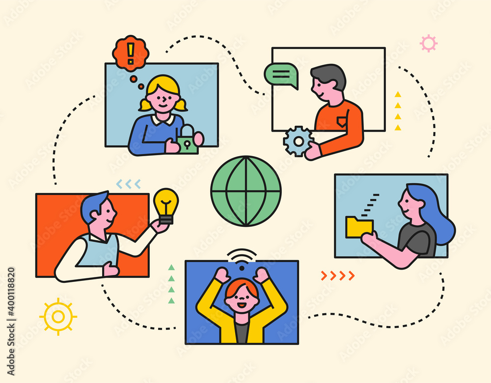 Poster network people concept template. people in a square frame are networking with business icons. flat d