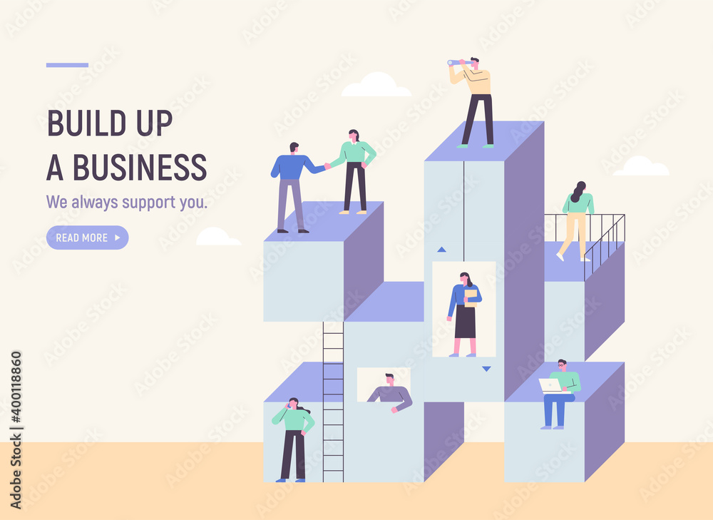 Poster business build-up concept web template. buildings represented by boxes are piled up, and business pe