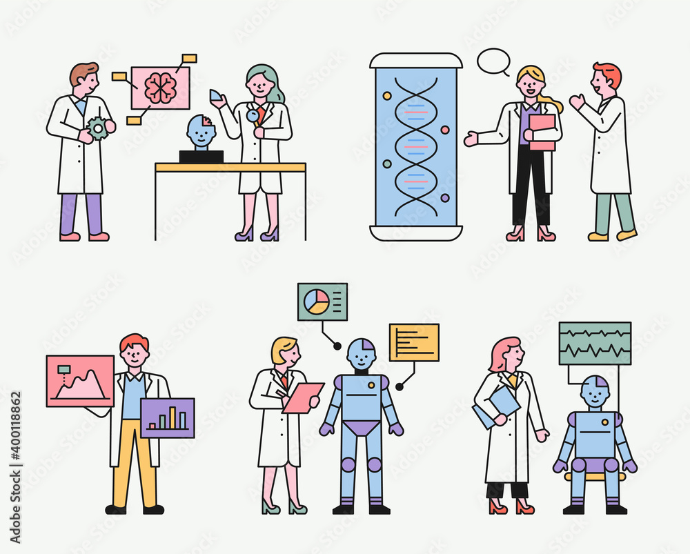 Poster scientists studying robots. team members doing research with the lab's equipment. flat design style 