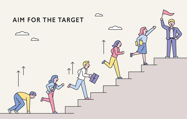 Business people concept moving towards the goal. People are running up the stairs. flat design style minimal vector illustration.
