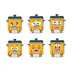 Rice cooker cartoon character with sad expression