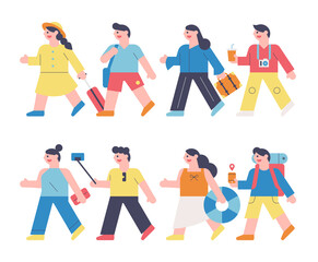 People characters going on a trip. People are walking with various travel items. flat design style minimal vector illustration.