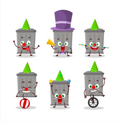 Cartoon character of trash can with various circus shows