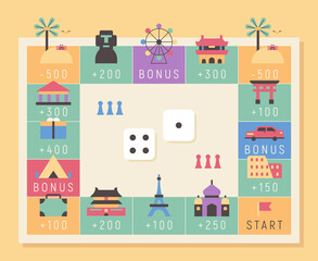 Board game concept world tour illustration. There are landmark buildings for each country on the board and a dice in the middle. flat design style minimal vector illustration.