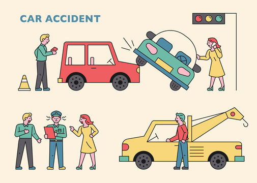 An insurance company employee and a tow truck came after a car accident. flat design style minimal vector illustration.