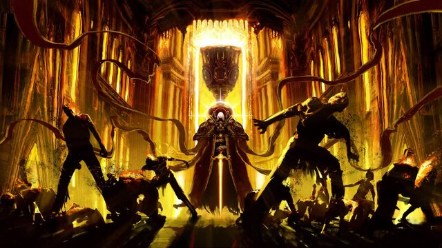 A powerful guard of the Holy Grail, with a fiery sword, expels evil spirits from the cathedral with a wave of light, zombies burn from the holy flame, sparking and crumbling to dust. looped repeatable