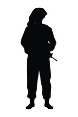 Israel soldier with rifle gun silhouette vector on white, middle east battle, military person concept in black and white.