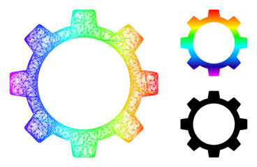 Rainbow vibrant wire frame gear wheel, and solid rainbow gradient gear wheel icon. Wire frame 2D net geometric symbol based on gear wheel icon, is generated with intersected lines.