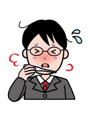 発熱し体温計を見て困っているスーツ姿の若いビジネスマン男性