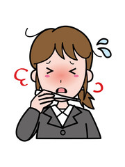 発熱し体温計を見て困っているスーツ姿の若いOL女性