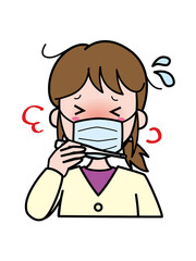発熱し体温計を見て困っている若い女性（マスク着用）