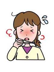 発熱し体温計を見て困っている若い女性