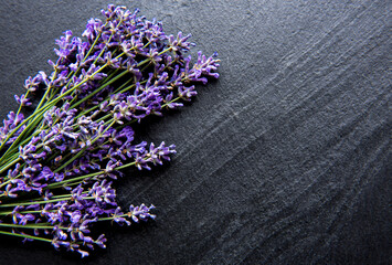 Fresh flowers of lavender bouquet, top view on black concrete background - obrazy, fototapety, plakaty