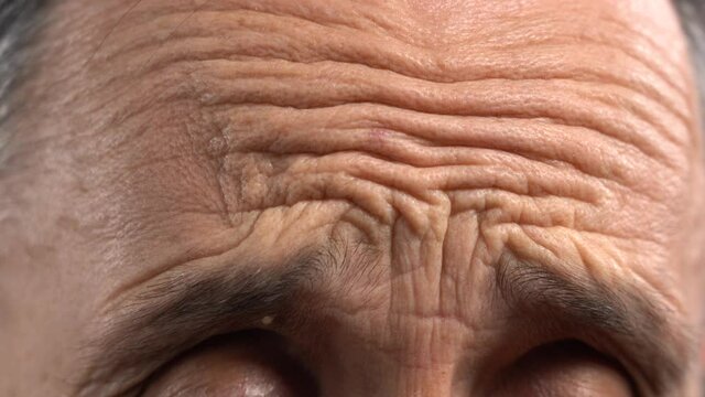 Wrinkled Male Forehead Close Up. Mature Man's Forehead and Wrinkles.