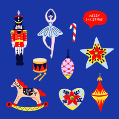 Christmas design elements with nutcracker, ballerina, stars and others.