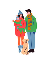 Flat family with dog isolated on white background. Family people woman and man,  dog and son. Vector illustration