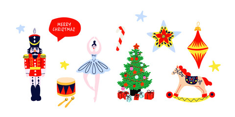 Fototapeta na wymiar Christmas design elements with nutcracker, ballerina, stars and others. Set of Cute Merry Christmas and Happy New Year Illustrations or stickers. 