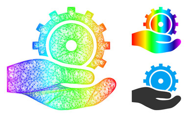 Spectrum vibrant network development service, and solid spectrum gradient development service icon. Hatched carcass 2D network geometric image based on development service icon,